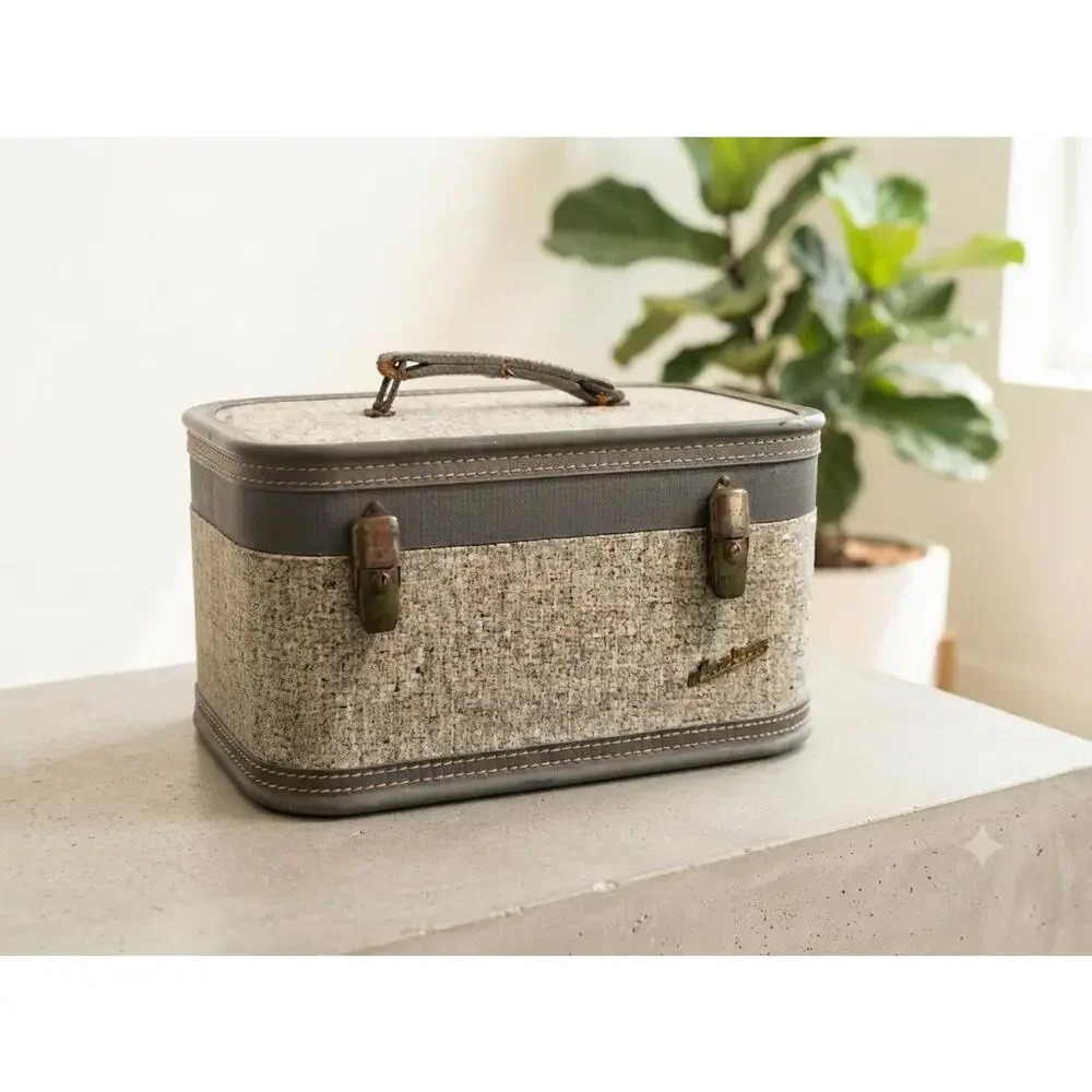 Vintage Tweed Vanity Case Train Luggage Makeup Train Case Purple Interior